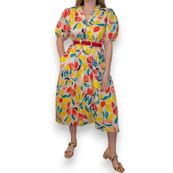 Vintage Puff Sleeve Fruit Print Midi Dress